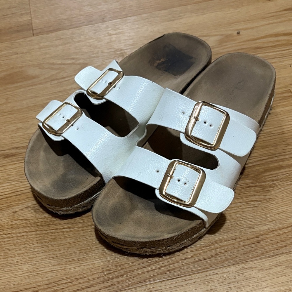 White Double Buckle Slide Sandals